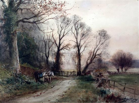 Henry Charles Fox (1855-1929) Timber cart on a lane, 14.5 x 21in.